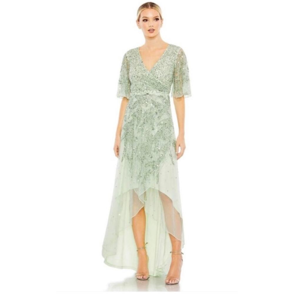 Mac Duggal Sage Green Chiffon Beaded Hi Lo Prom Bridal Gown Size 10 Style 93681
